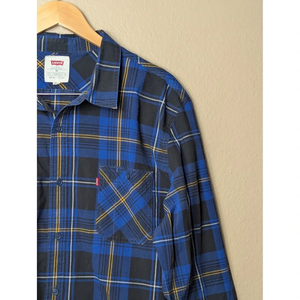 Levi's Button Down Shirt Mens XXL Blue Black Plaid Flannel Style Long Sleeve L